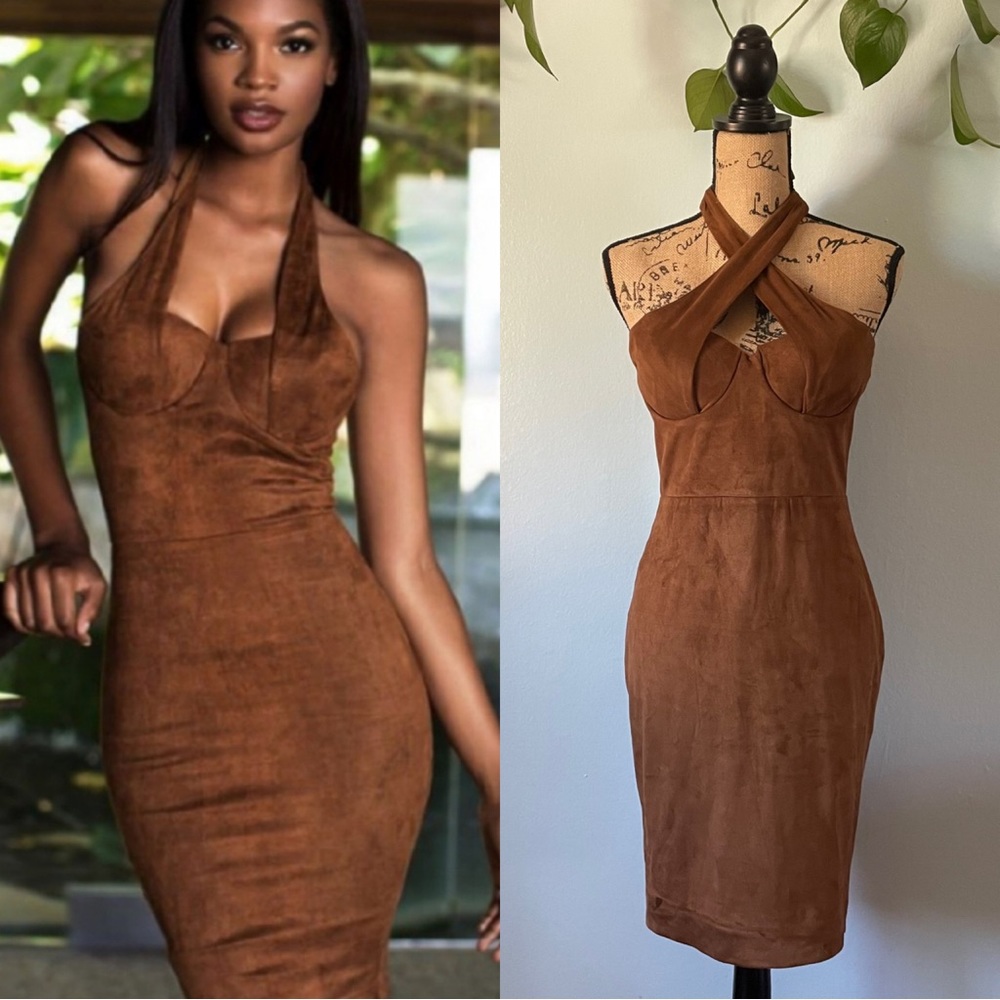 House Of CB Brown Faux Suede Bustier Halter Dress
